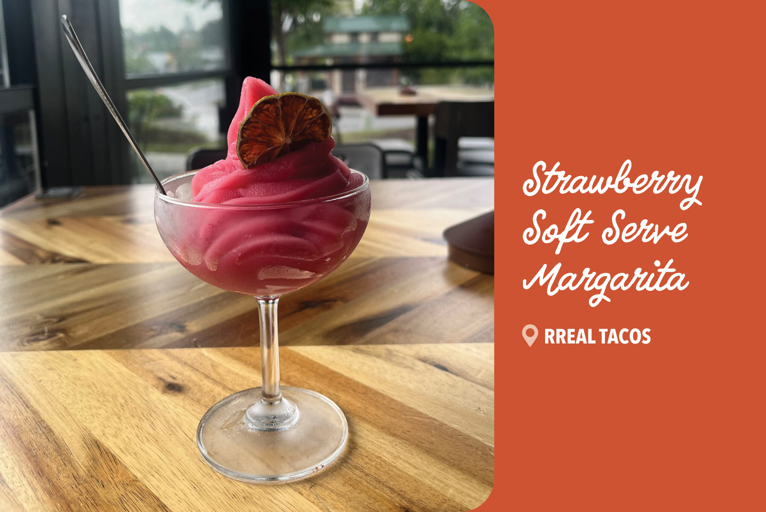 A picture of the strawberry soft serve margarita from Rreal Tacos